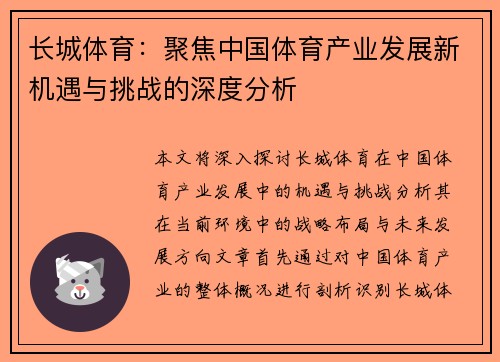 长城体育：聚焦中国体育产业发展新机遇与挑战的深度分析